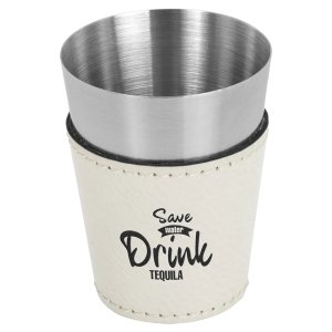 2 oz. White Engraved Faux Leather & Stainless Steel Shot Glass - Angle view