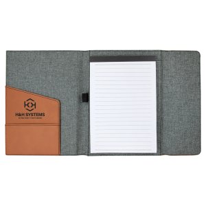 7" x 9" Rawhide Engraved Faux Leather / Gray Canvas Portfolio with Notepad - Open view