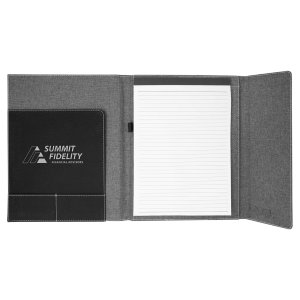 9 1/2"x12" Black/Silver Engraved Faux Leather / Gray Canvas Portfolio w/Notepad - Open view