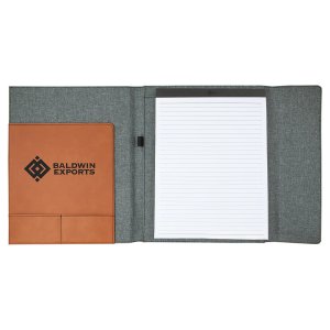 9 1/2" x 12" Rawhide Engraved Faux Leather / Gray Canvas Portfolio with Notepad - Open view
