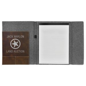 9 1/2"x12" Rustic/Silver Engraved Faux Leather/Gray Canvas Portfolio w/Notepad - Open view