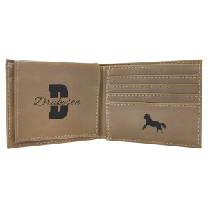 Light Brown Engraved Faux Leather Bi-Fold Wallet w/Flip  ID Display - Open view