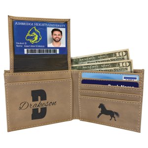 Light Brown Engraved Faux Leather Bi-Fold Wallet w/Flip  ID Display - Open 2 view