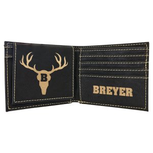 Black/Gold Engraved Faux Leather Bi-Fold Wallet w/Flip  ID Display - Open view