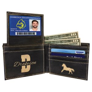 Black/Gold Engraved Faux Leather Bi-Fold Wallet w/Flip  ID Display - Open 2 view