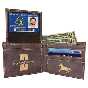 Rustic/Gold Engraved Faux Leather Bi-Fold Wallet w/Flip  ID Display - Open 2 view