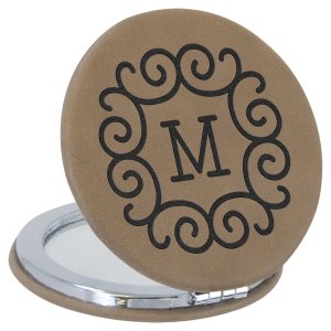 2 1/2" Light Brown Engraved Faux Leather Compact Mirror - Open view