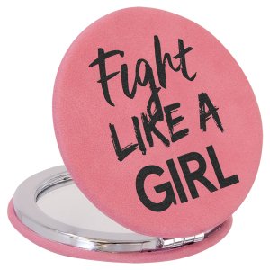 2 1/2" Pink Engraved Faux Leather Compact Mirror - Open 2 view