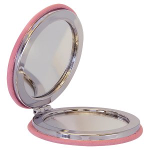 2 1/2" Pink Engraved Faux Leather Compact Mirror - Open view