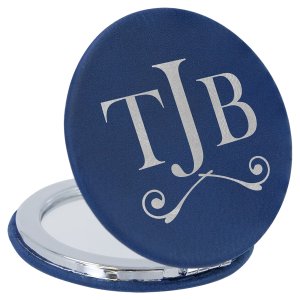 2 1/2" Blue/Silver Engraved Faux Leather Compact Mirror - Open view