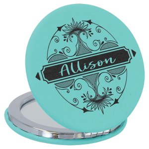 2 1/2" Teal Engraved Faux Leather Compact Mirror - Open view