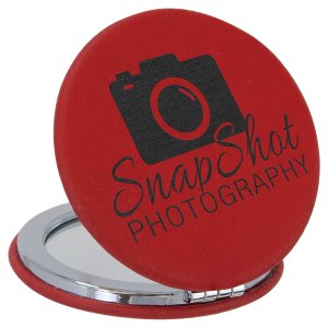 2 1/2" Red Engraved Faux Leather Compact Mirror - Open view