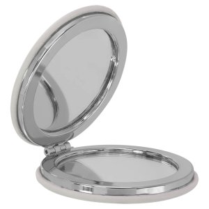 2 1/2" White Engraved Faux Leather Compact Mirror - Open view