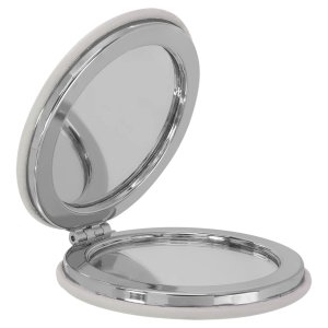 2 1/2" White Engraved Faux Leather Compact Mirror - Open 2 view