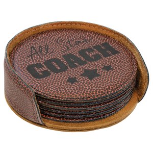 4" Football Round Engraved Faux Leather 6-Coaster Set - Angle view