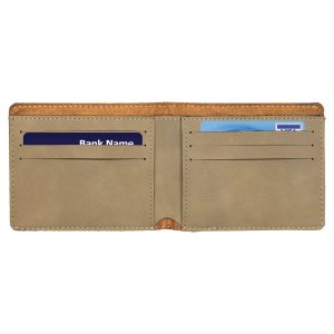 4 1/2" x 3 1/2" Light Brown Engraved Faux Leather Bifold Wallet - Open view