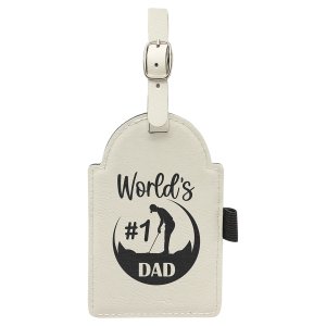 5" x 3 1/4" White Engraved Faux Leather Golf Bag Tag with 3 Wooden Tees - Back view