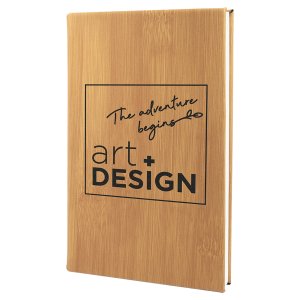 5 1/4" x 8 1/4" Bamboo Engraved Faux Leather Sketch Book with Unlined Notepad - Angle view