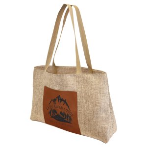 19" x 12" Burlap Bag with 5" Rawhide Engraved Faux Leather Gusset - Angle view