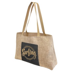 19" x 12" Burlap Bag with 5" Black/Gold Engraved Faux Leather Gusset - Angle view