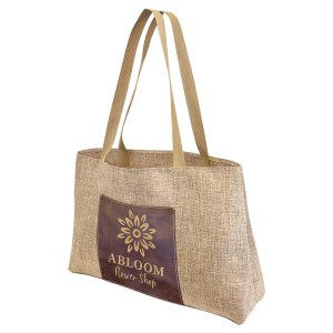 19" x 12" Burlap Bag with 5" Rustic/Gold Engraved Faux Leather Gusset - Angle view