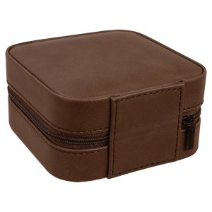 4" X 4" Dark Brown Engraved Faux Leather Travel Jewelry Box with Tan Lining - Back view