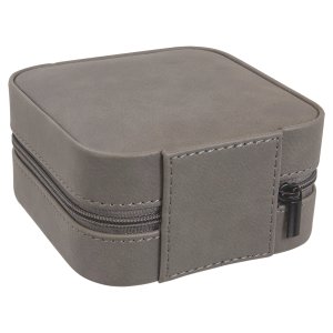 4" X 4" Gray Engraved Faux Leather Travel Jewelry Box with Tan Lining - Back view