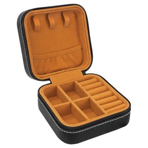 4" x 4"  Black/Silver Engraved Faux Leather Travel Jewelry Box with Tan Lining - Open view