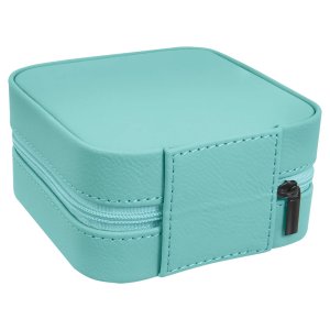 4" X 4" Teal Engraved Faux Leather Travel Jewelry Box with Tan Lining - Back view