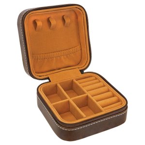 4" X 4" Rustic/Silver Leatherette Travel Jewelry Box with Tan Lining - Open view