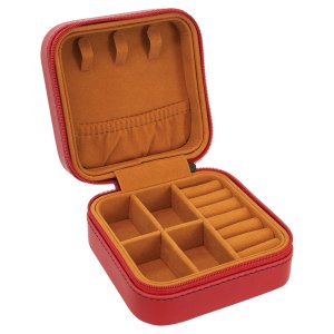 4" X 4" Red Engraved Faux Leather Travel Jewelry Box with Tan Lining - Open view