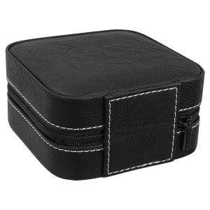 4" X 4" Black/Silver Engraved Faux Leather Travel Jewelry Box with Black Lining - Back view