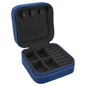 4" X 4" Blue/Silver Engraved Faux Leather Travel Jewelry Box with Black Lining - Open view