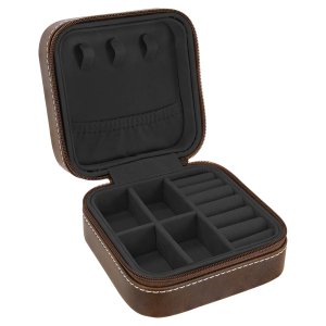 4" X 4" Rustic/Silver Engraved Faux Leather Travel Jewelry Box with Black Lining - Open view