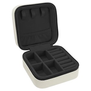 4" X 4" White/Black Engraved Faux Leather Travel Jewelry Box with Black Lining - Open view