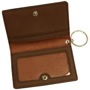 4 1/4" x 3" Dark Brown Engraved Faux Leather Keychain ID Holder - Open view