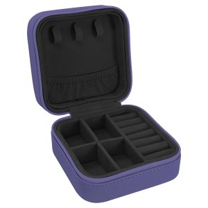 4" X 4" Purple/Black Engraved Faux Leather Travel Jewelry Box with Black Lining - Open view
