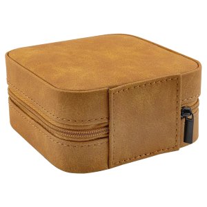 Travel Jewelry Box - Engraved Faux Leather, Creekside Collection, 4" x 4", Light Brown - Back view
