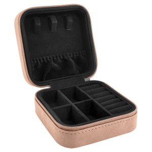 Travel Jewelry Box - Engraved Faux Leather, Creekside Collection, 4" x 4", Blush - Open view