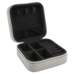 Travel Jewelry Box - Engraved Faux Leather, Creekside Collection, 4" x 4", Light Gray - Open view