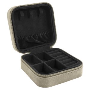 Travel Jewelry Box - Engraved Faux Leather, Creekside Collection, 4" x 4", Light Green - Open view