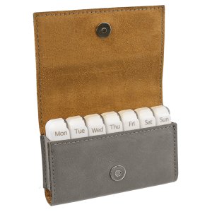 4 3/4" x 3 1/8" Gray Engraved Faux Leather  Pill Box - Open view