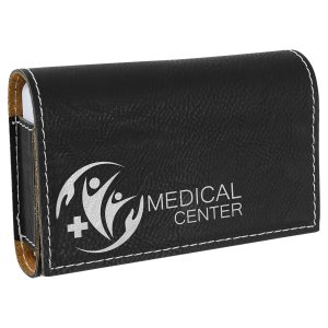 4 3/4" x 3 1/8" Black/Silver Engraved Faux Leather  Pill Box - Angle view
