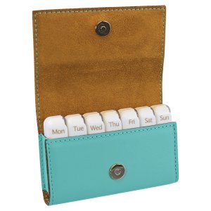 4 3/4" x 3 1/8" Teal Engraved Faux Leather  Pill Box - Open view