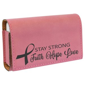 4 3/4" x 3 1/8" Pink Engraved Faux Leather  Pill Box - Angle view