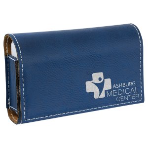 4 3/4" x 3 1/8" Blue/Silver Engraved Faux Leather  Pill Box - Angle view