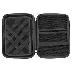 8 1/2" x 6" x 1 3/4" Black/Silver Leatherette Cord Case - Open view