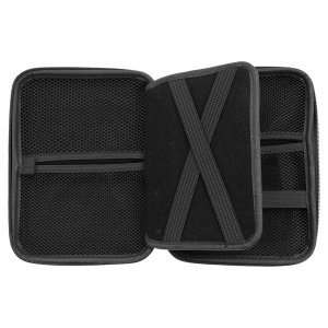 8 1/2" x 6" x 1 3/4" Black/Silver Leatherette Cord Case - Open 2 view