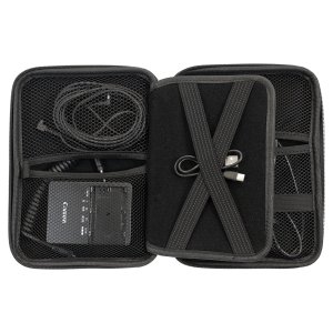 8 1/2" x 6" x 1 3/4" Black/Silver Leatherette Cord Case - Open 3 view