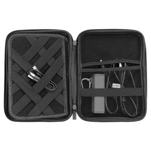 8 1/2" x 6" x 1 3/4" Black/Silver Leatherette Cord Case - Open 4 view